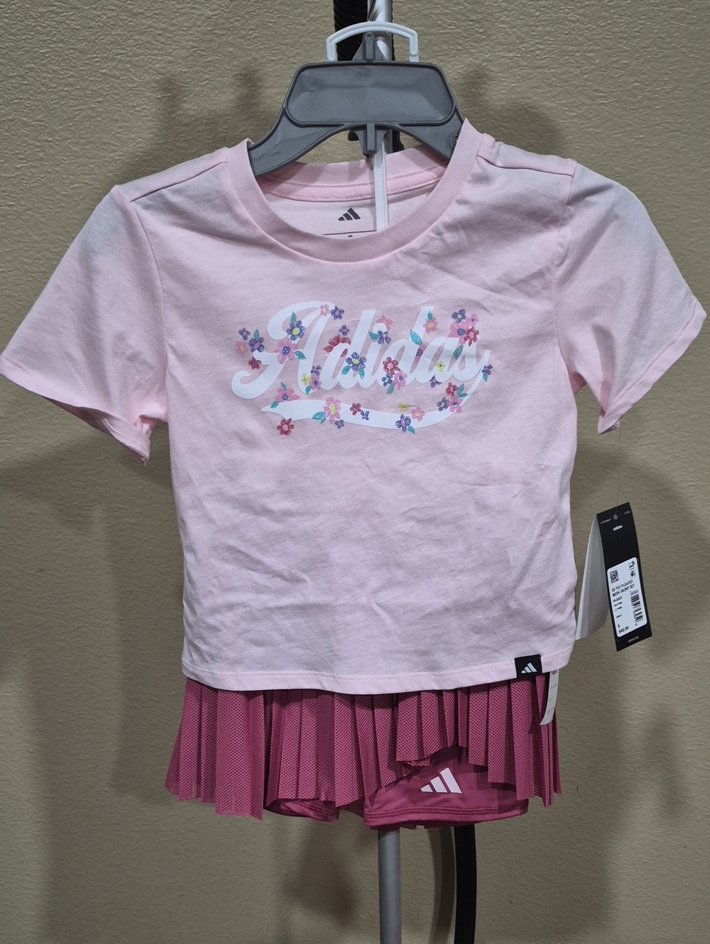Adidas Girl's SS Tee Pleated Mesh Skort Set Light Pink Size 6